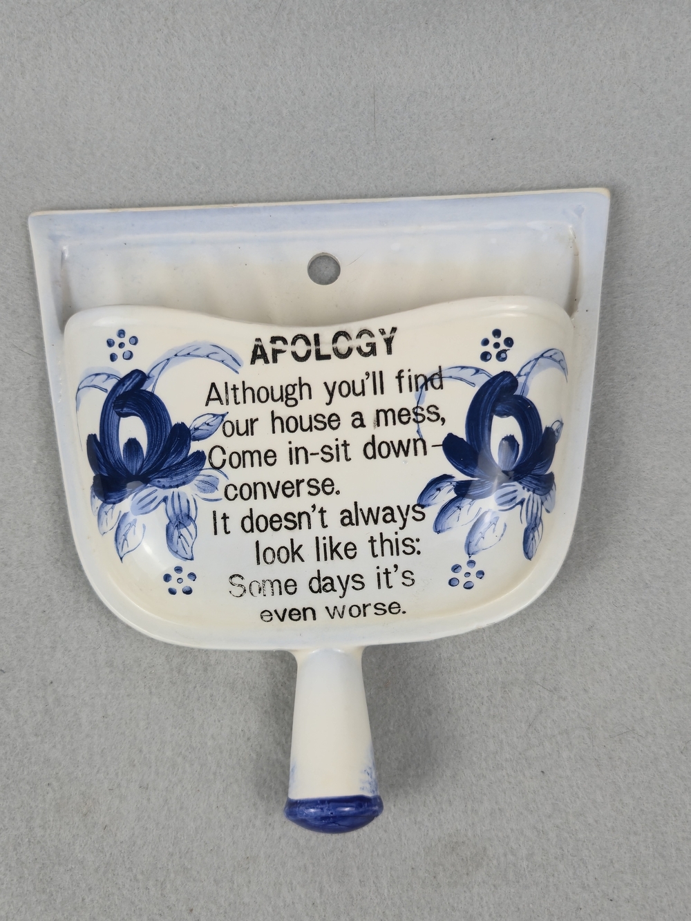 Vintage Blue White Ceramic Wall Pocket Planter Dustpan Apology Poem